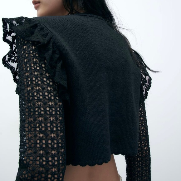 Zara tie front ruffled combination cardigan black - Picture 10 of 10